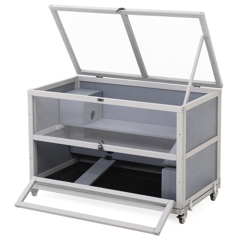 Maison de hamster en gris, cage en bois avec plateau amovible, roulettes, plateau et façade ouvrant, avec tunnel d'escalade caché pour explorer