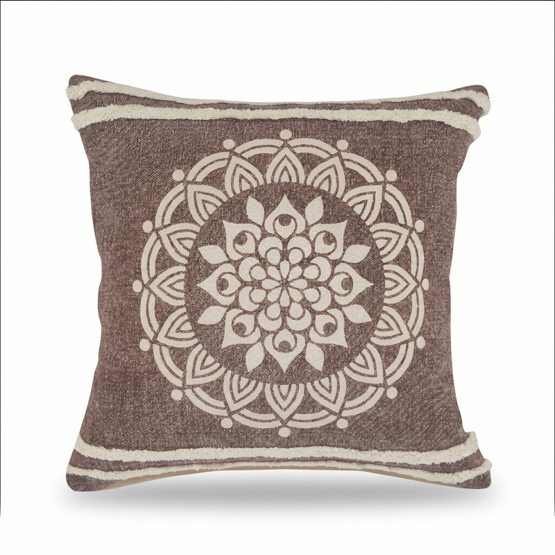 20" Brown And White Floral Medallion Cotton Throw Pillow