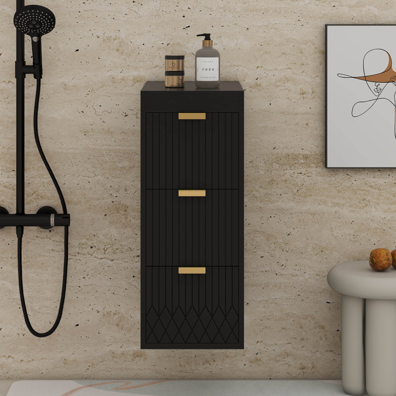 Armoire murale murale flottante avec ligne décorative, armoire latérale de 12 pouces avec tiroirs, Noir