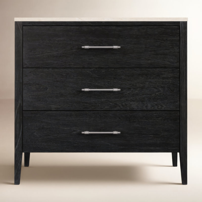 Mayfair 3 Drawer Wood and Marble Chest, Washed Black/Ivory