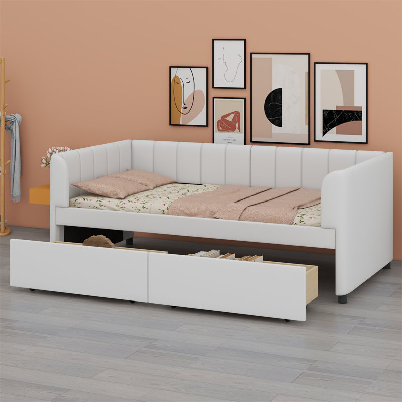 Lit de jour rembourré avec dossier ergonomique et 2 tiroirs, Beige