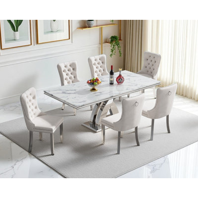 Modern 68.11" Faux Marble Dining Table Set , White Marble Dining Table with Velvet Dining Chairs, Dining Room Table and Chairs Set, Luxury Dining Table Set for Kitchen Dining