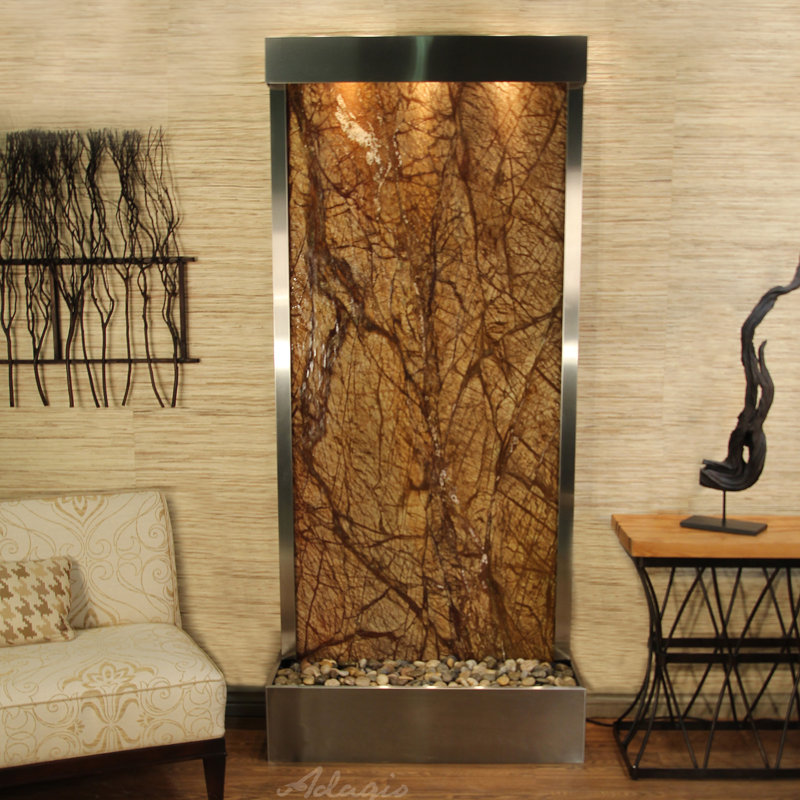 Tranquil River Acrylic Weather Resistant Floor Fountain with Light, Stainless Steel, Rainforest Brown Marble