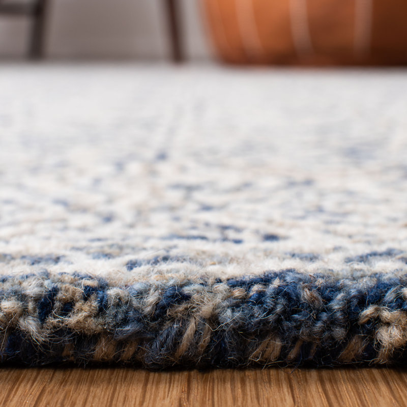 Basham Geometric Handmade Tufted Wool Navy/Cream Area Rug, Rectangle 9' x 12'