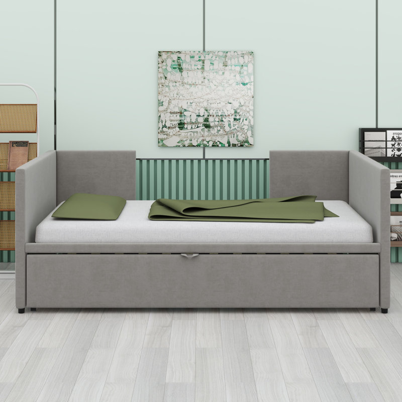 Upholstered Daybed With Pop Up Trundle, Gray