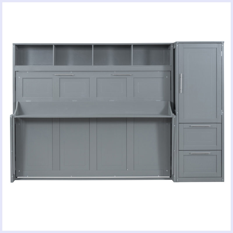 Lit escamotable moderne avec placard et tiroirs, Gris, Grand