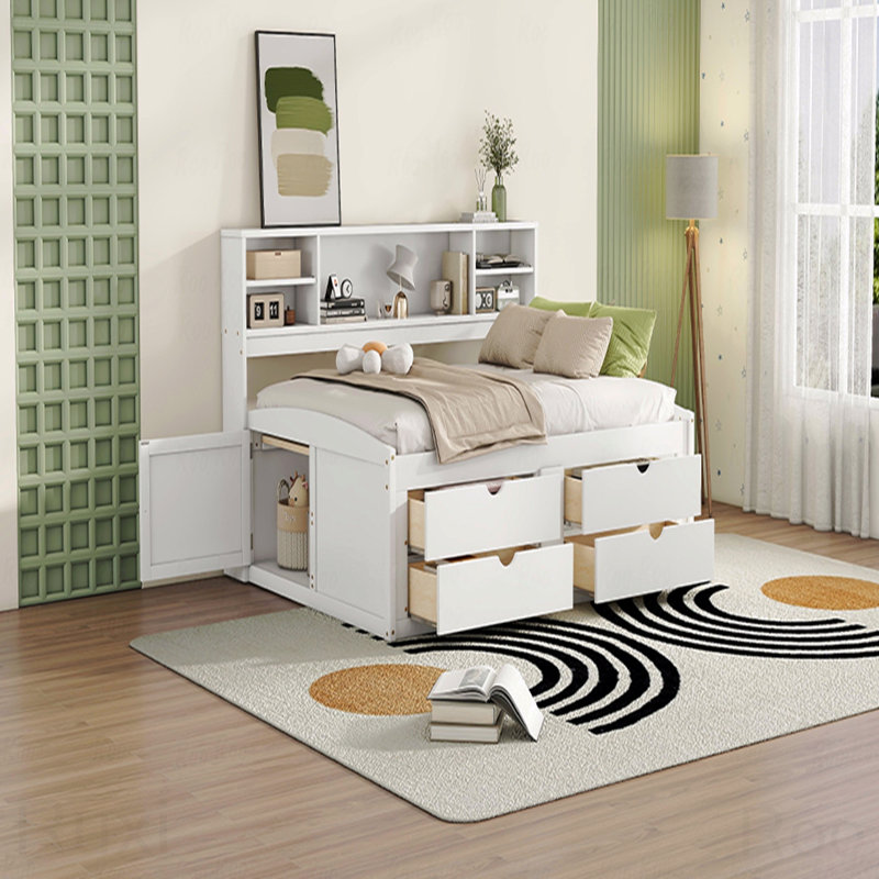 Full Wood Daybed Frame, 2 Cabinets, Shelves, 4 Drawers, White