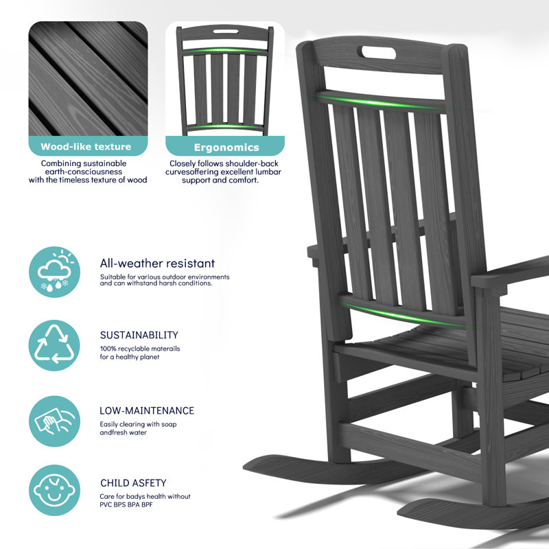 3-piece Hdpe Outdoor Rocking Chair Set With Side Table, All-weather Poly Rockers For Porch, Patio & Garden, Gray