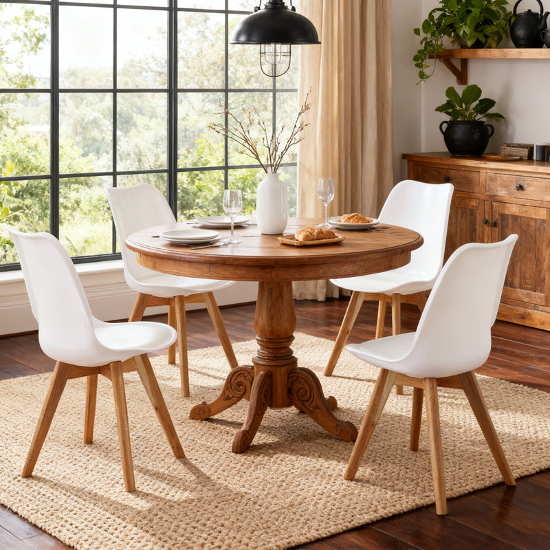 Dining Chair Set of 4 with Solid Wood Legs and Cushioned Seat, White