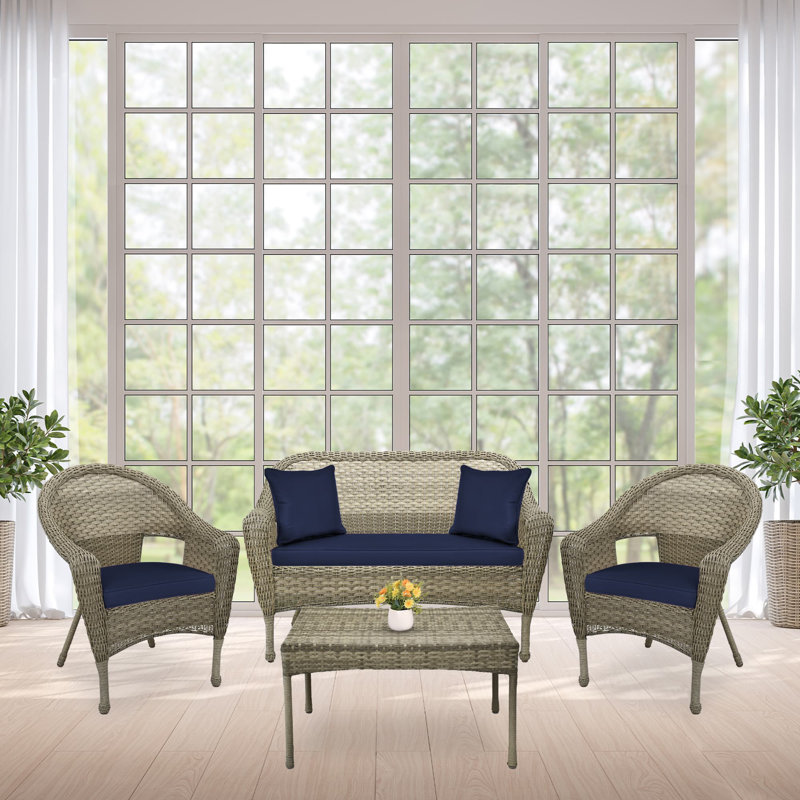 Yamada 4 - Person Patio Conversation Set with Cushions, Gray, Midnight Blue