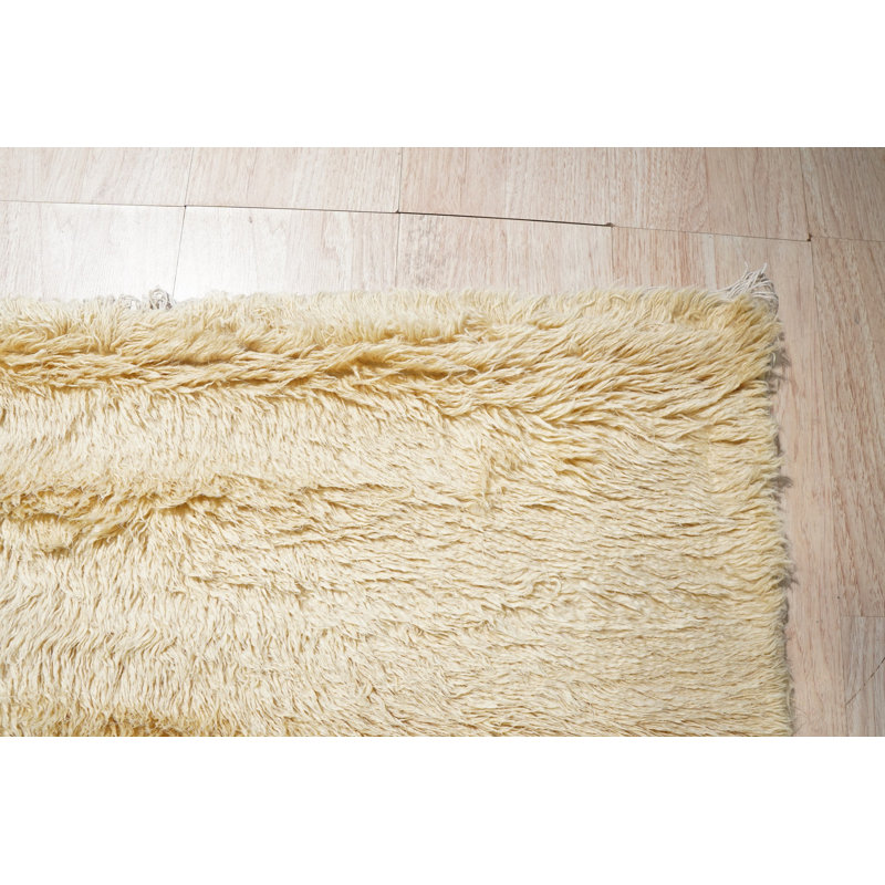 Yellow Hand-Knotted Wool Abstract Outlines Vintage Mid Century Modern Contemporary Carpet Rug, 9' x 12'