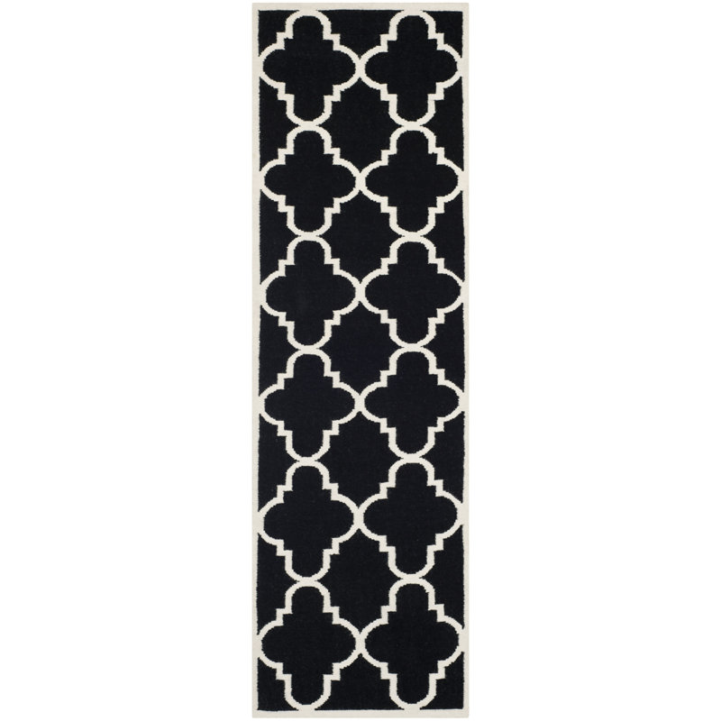 Rodgers Hand Woven Flat Weave Wool/Cotton Geometric Rug in Ivory/Black, Runner 2'6" x 8'