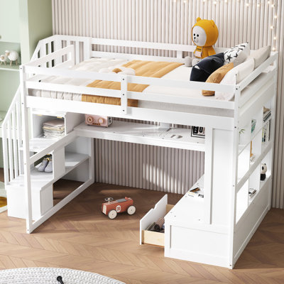 White Full Loft Bed With Desk, Shelves, Two Drawers & Robust Dependable Storage Staircase Size And