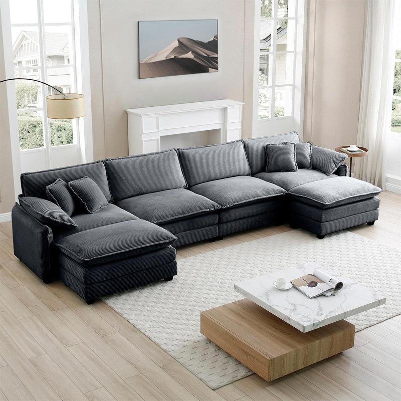 Kaoruko Over Size U Shape Corduroy Sofa , Modern Upholstered 4 Seater Sofa With 2 Ottomans, Premium Soft Corduroy Fabric Sofa
