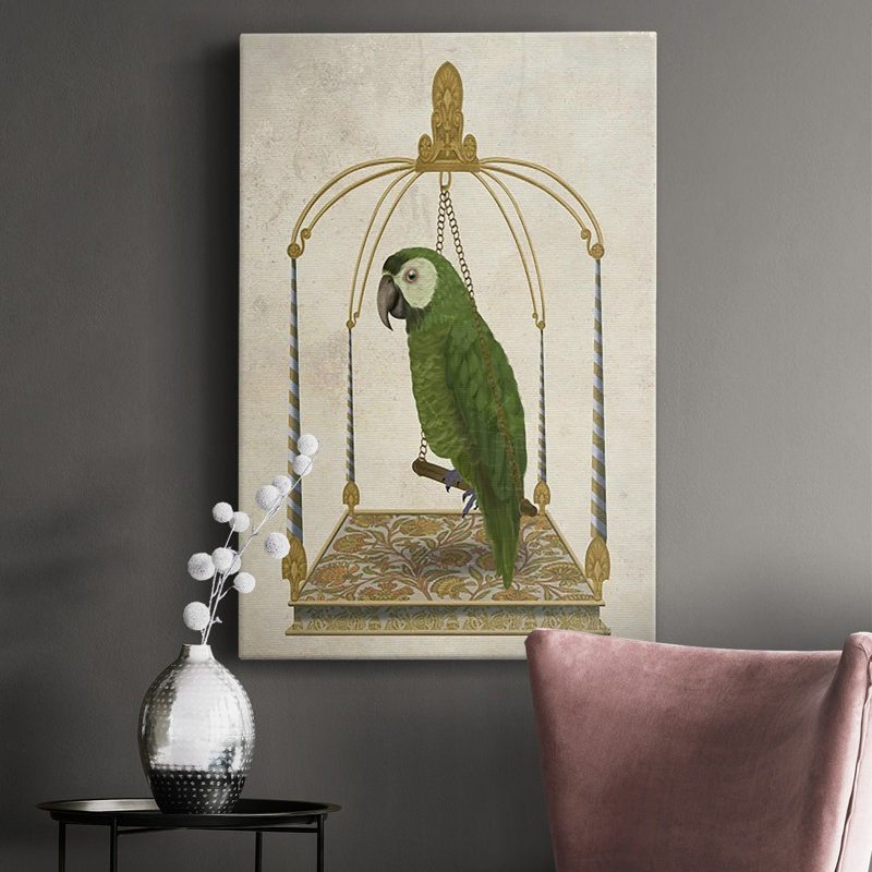 Perroquet vert sur toile tendue avec châssis de qualité supérieure - prêt à être accroché, H 60 po x l 40 po x P 1 po