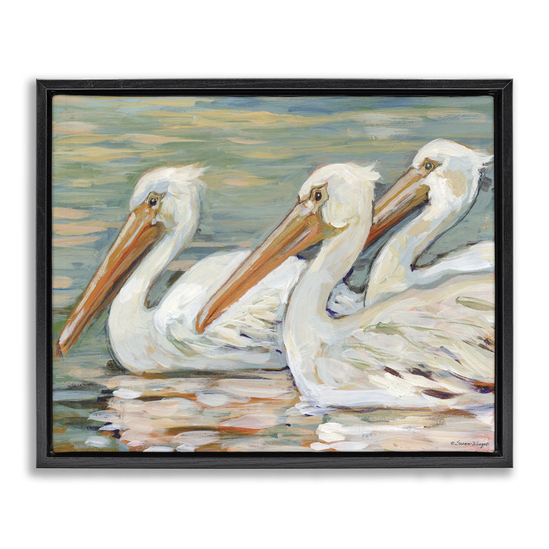«Pelican Trio Pond Reflection Floater», art mural par Susan Winget, H 25 po x l 31 po, Cadre flottant noir de jais