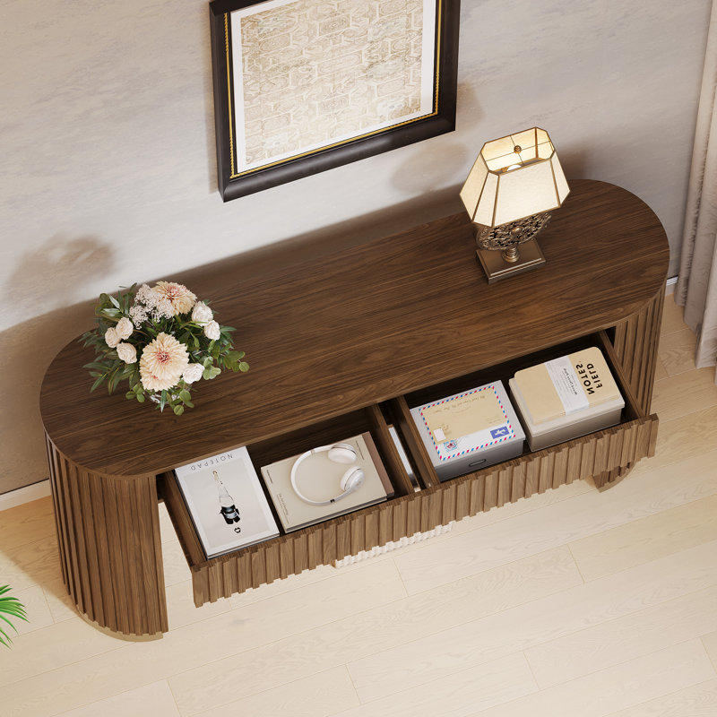  Console moderne cannelée avec deux tiroirs et pieds arrondis, Bois de chêne