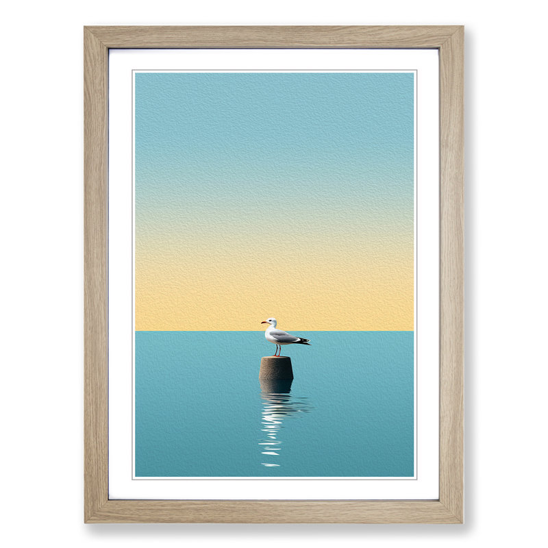 Seagull Minimalism - Single Picture Frame Print on Wood, 64cm H x 46cm W x 2cm D, Oak 