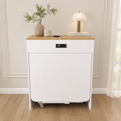 74 Inch Expandable White Faux‑Marble Kitchen‑Island Dining‑Table, Pull‑Out Extendable Tabletop, Built‑in Power Sockets, Lockable Casters and Built‑in Storage Cabinet