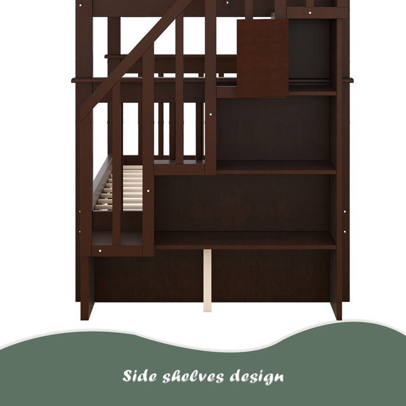 Lit superposé simple au-dessus de simple avec rangement et barrière de sécurité pour chambre à coucher, dortoir, Espresso