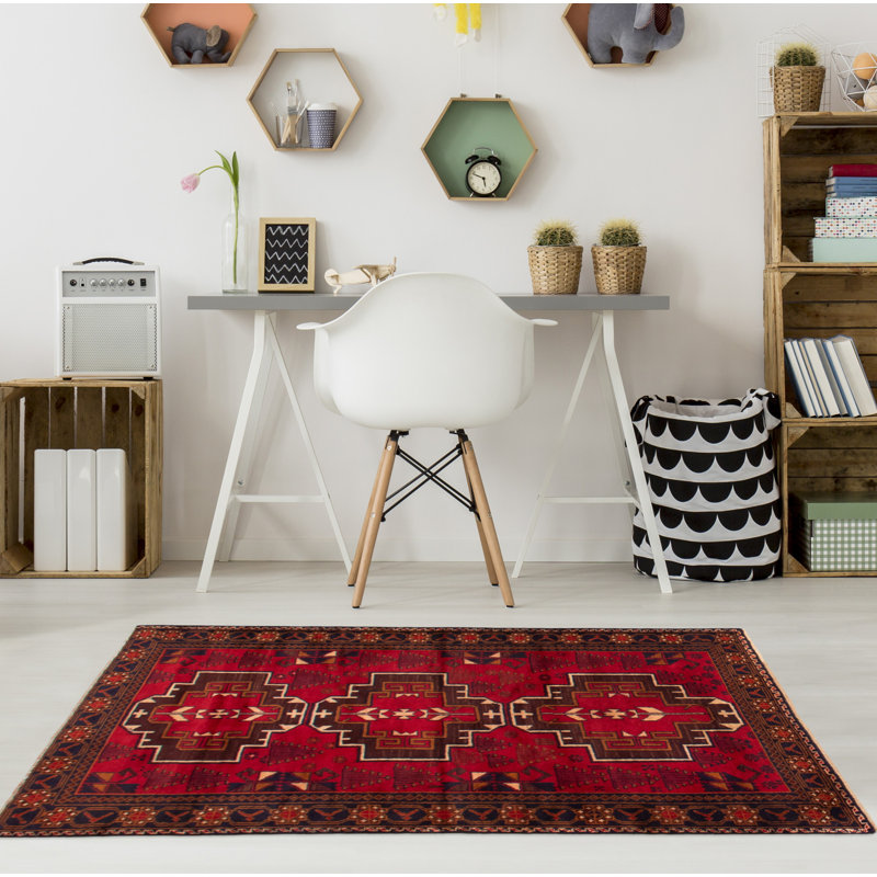 Tapis rouge noué à la main 3 pi 7 po x 6 pi 3 po Teimani