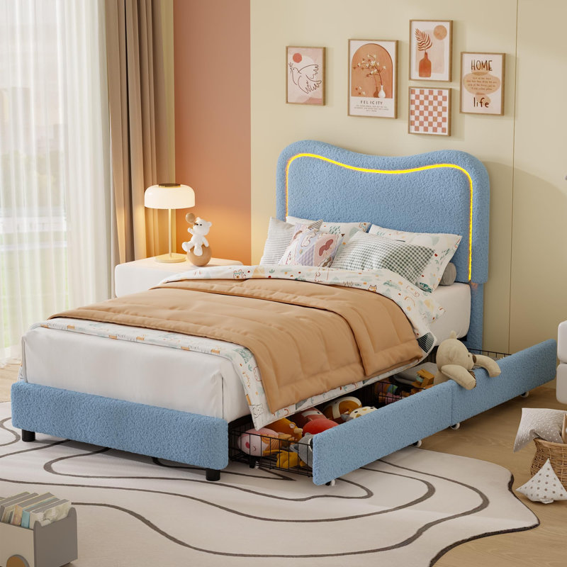Structure de lit simple / double / grand avec 2 tiroirs de rangement, lit plateforme tapissier, support à lattes en bois massif pour enfants et adolescents