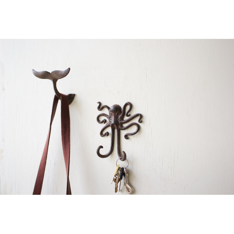  Cast Iron Octopus Wall Hook 6.1" H in Distressed Black Nautical Style