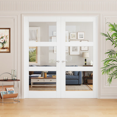 80"H 3-Lite Clear Glass White Primed Interior French Doors With Hinge And Installation Hardware Kit /Handles