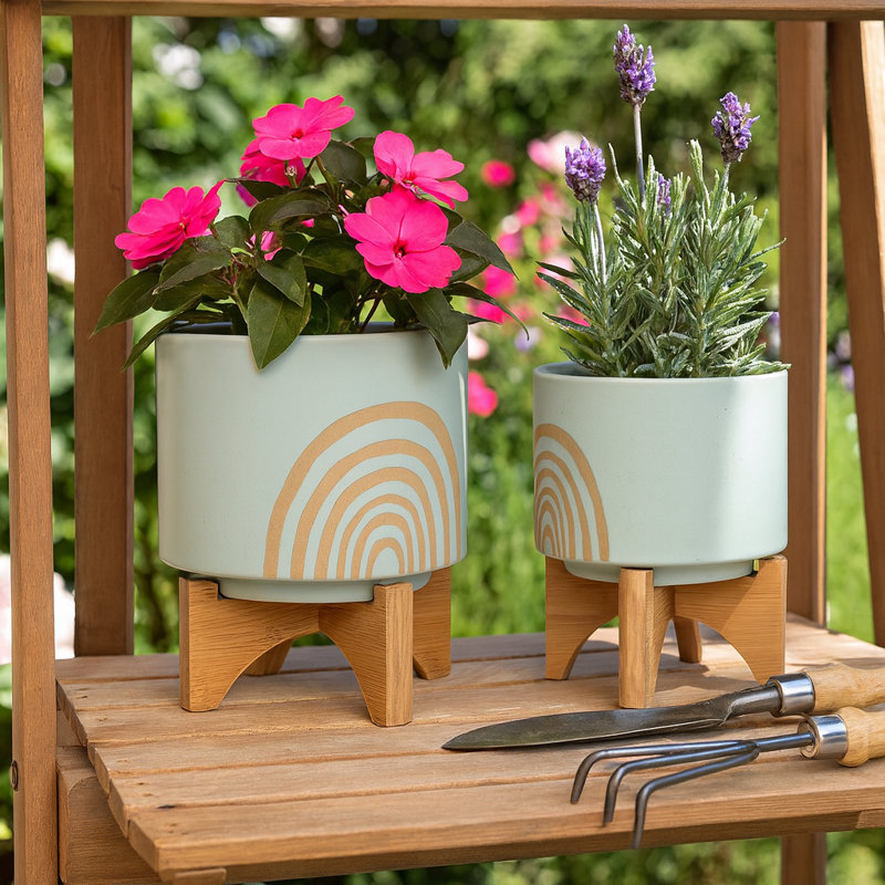 Rainbow Motif Outdoor Planters on Wood Stands for Indoor Home Decor - Modern Ceramic Flower Pots for Living Room or Patio - Set of 2, 11", 7" Green & Tan