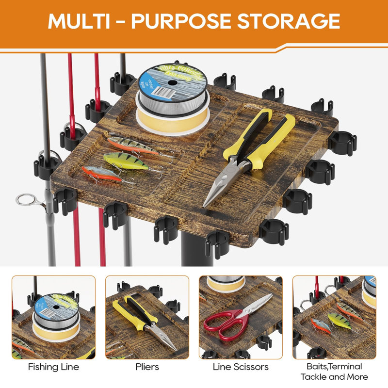 Fishing Rod Rack for 16 Poles - 360° Rotating Base with Casters, Brown