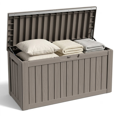 90 Gallon Durable resin outdoor storage deck box with waterproof uv-resistant design, ideal for patio cushions, pool toys and garden tools, Gray