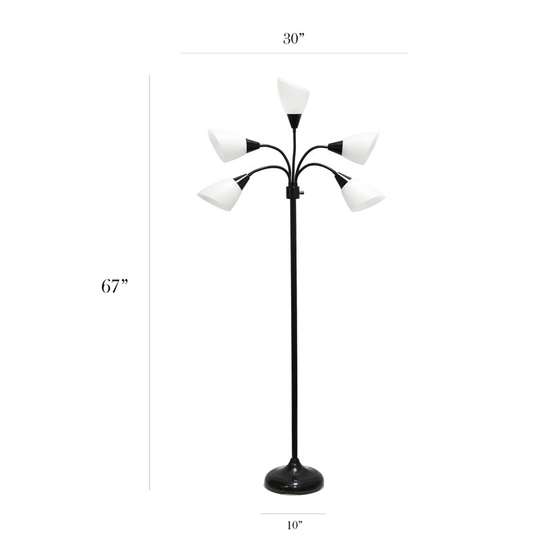 Simple Designs 67" Contemporary Multi Head Medusa 5 Light Adjustable Gooseneck w/ Multicoloured Shade, Black, White