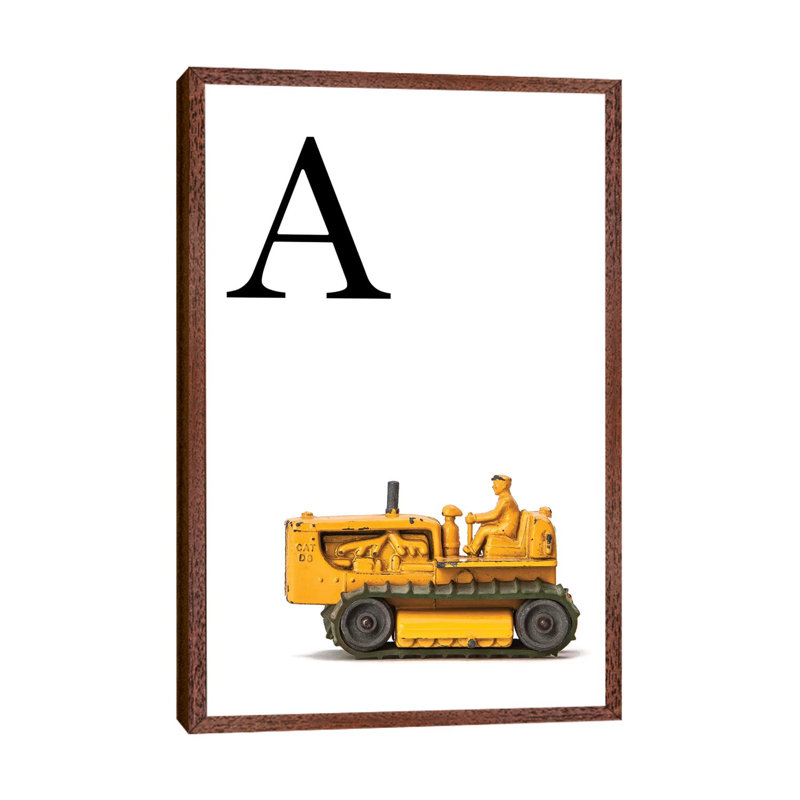 A Bulldozer Yellow White Letter - Print on Canvas, 66.04 cm H x 45.72 cm W, Classic Brown Wood Framed
