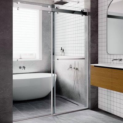 Porte de douche coulissante double sans cadre en verre trempé extra-clair de 10 mm d'épaisseur, revêtement facile à nettoyer, quincaillerie en acier inoxydable, dimensions SP : 62 à 66 po L x 77 po H.
