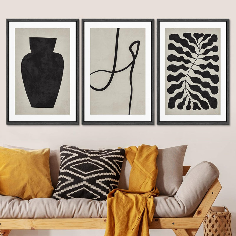 " Forest Plant Vase Line Art Collage Abstract Nature Neutral Modern Art Decor Contemporary " 3 - Pieces, Noir