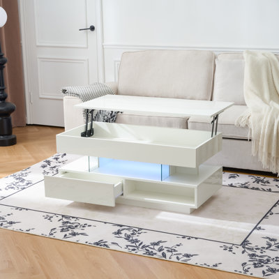 Table basse à plateau relevable 39,3 po, compartiment caché, 2 tiroirs, lumières DEL réglables, table blanche moderne multifonction pour le salon | Idée cadeau