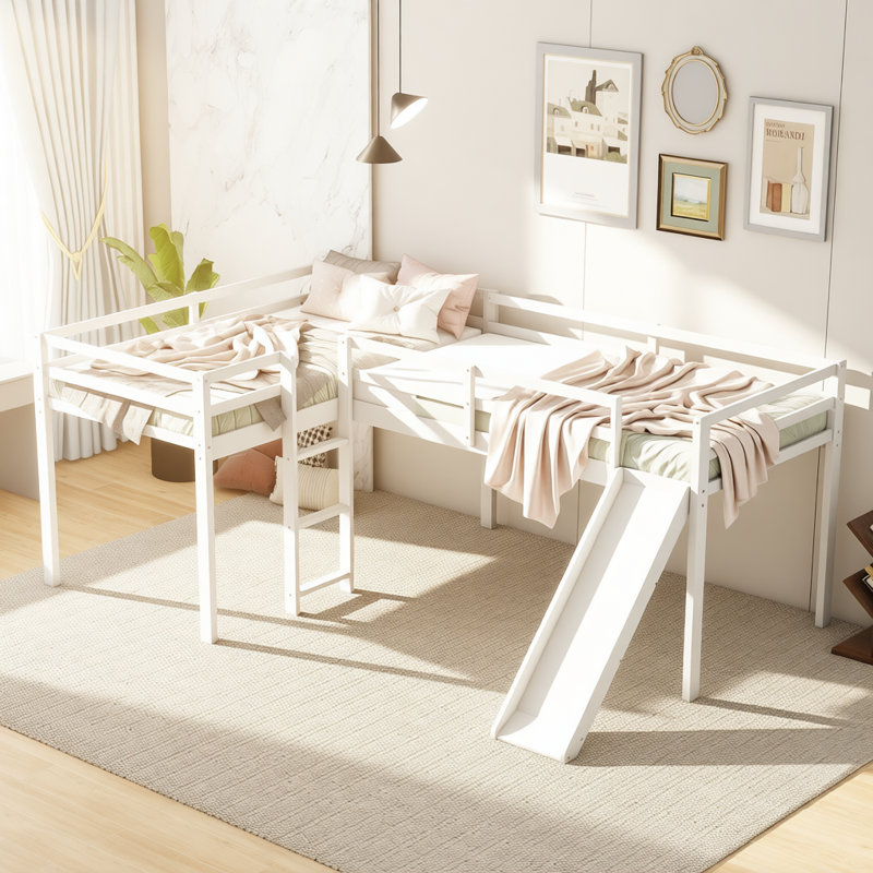 Lit mezzanine simple en L avec glissade et échelle élargie | Conception d'angle, structure en bois massif et disposition peu encombrante