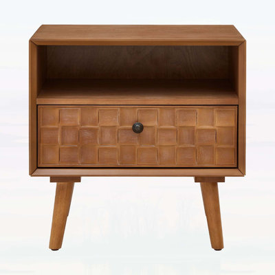 Table de chevet en bois avec tiroir géométrique sculpté, tablette ouverte et pieds en bois pour la chambre à coucher