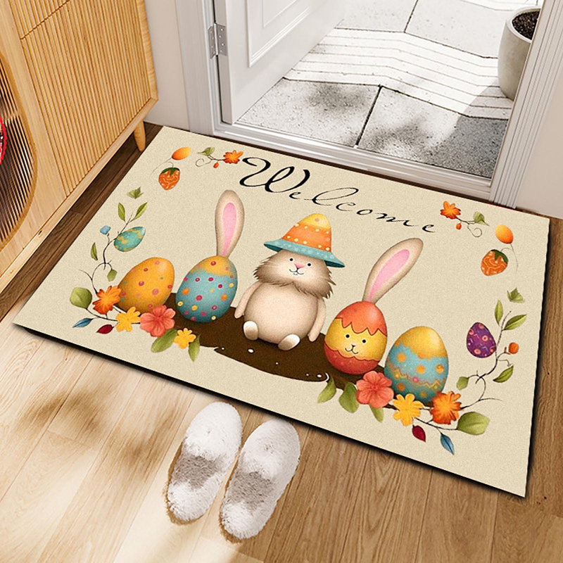 Le tapis est orné d'œufs de lapin de Pâques