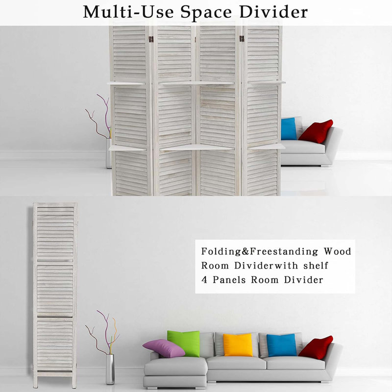 4 Panel Wood Room Divider Screen with Shelves - Freestanding Partition with Display Shelves, Grey