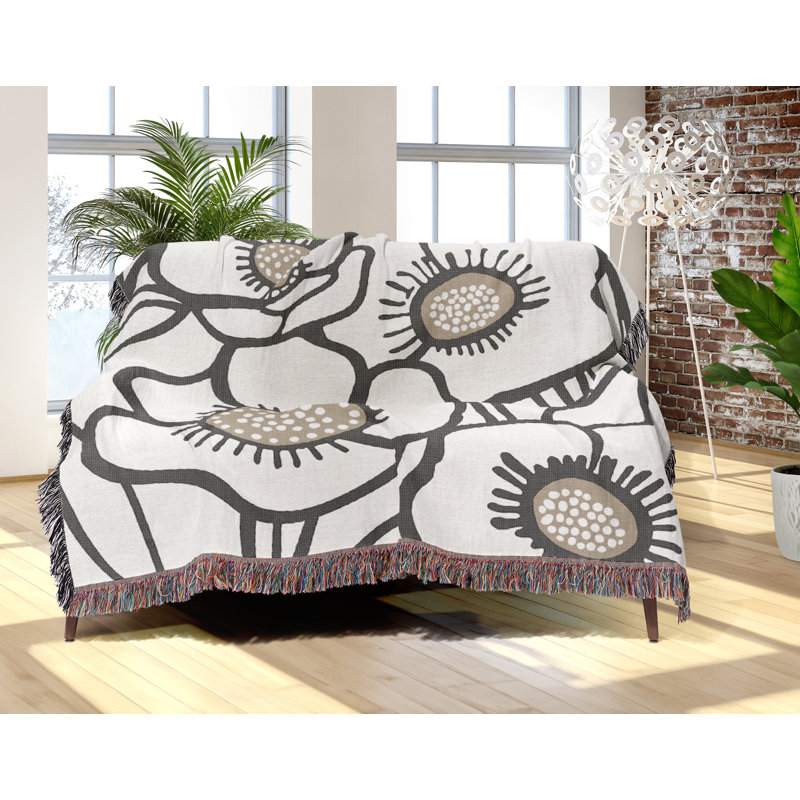 Jeté floral en coton, Gris, 50 x 60