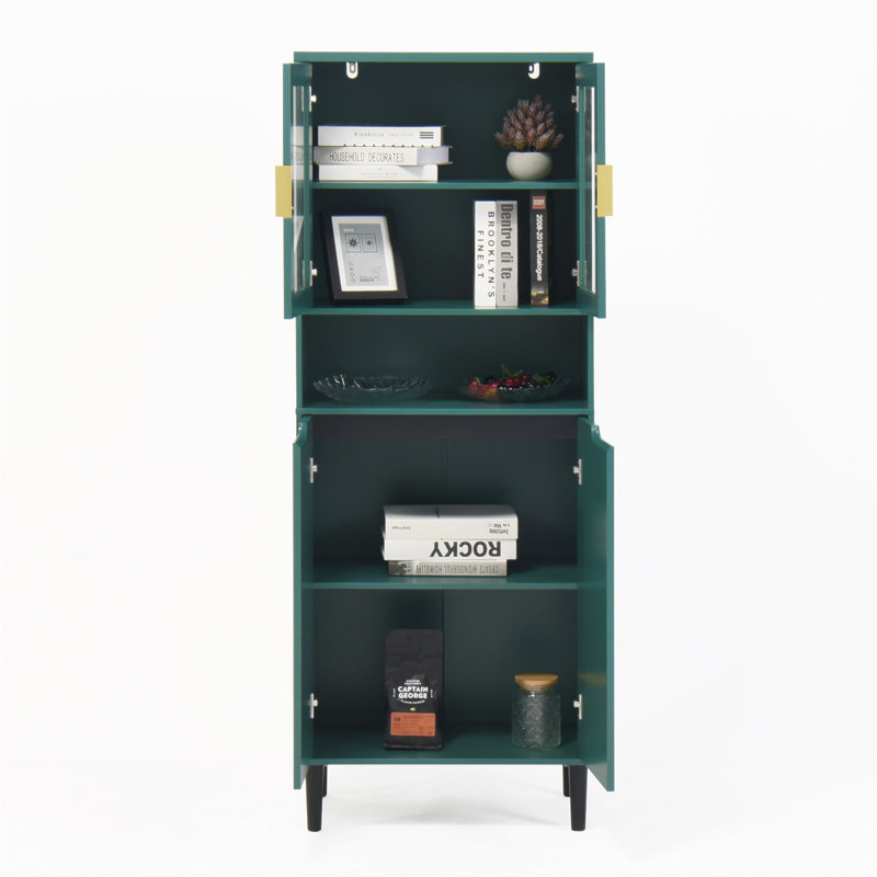 Tall Storage Show Cabinet With 2 Glass Display Door & 2 Doors, Tall Kitchen Pantry Cabinet With Gold Handles, Modern Cabinet Freestanding For Bathroom, Dining Living Room