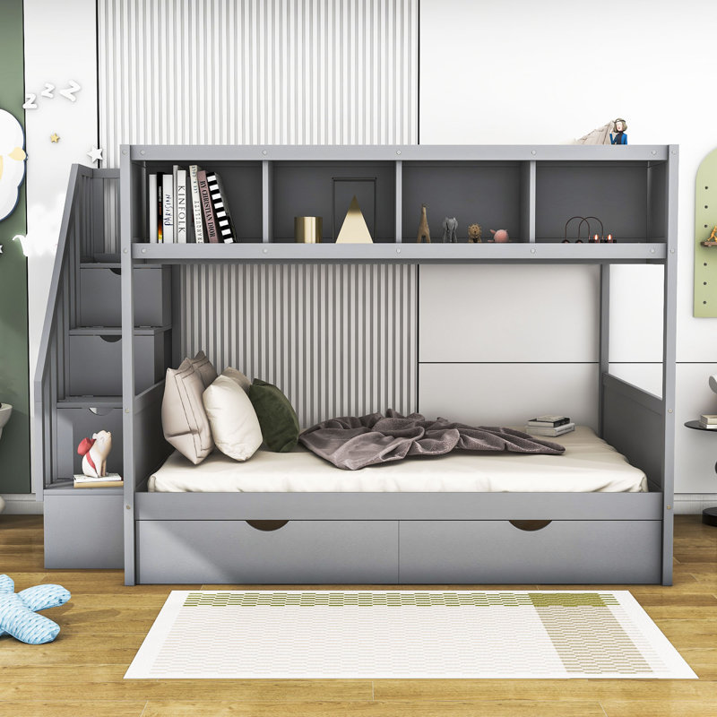 Hader Kids Twin Over Full Bunk Bed with Drawers, Gray