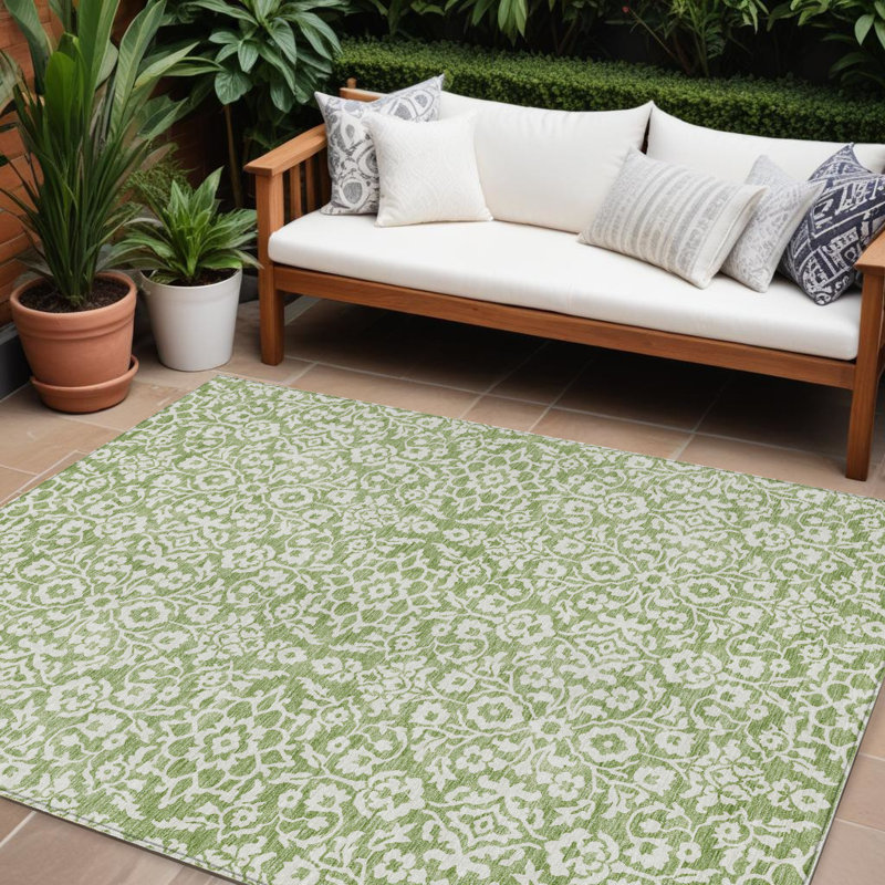 Tapis d'intérieur lavable vert 10 pi x 14 pi damassé