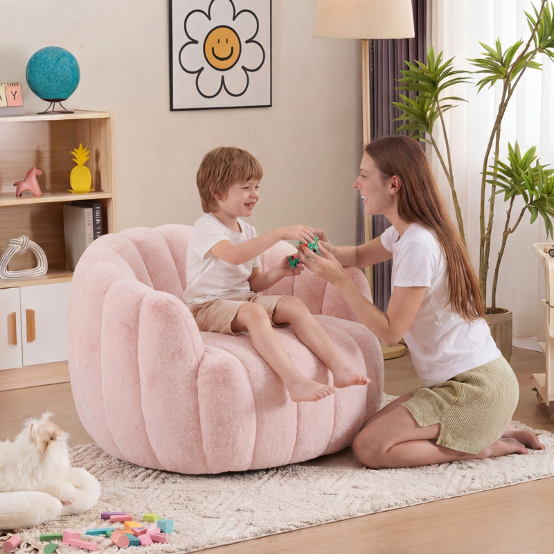 Compression Plush Pumpkin Bean Bag Chair, High-Density Foam Filled Lounge Chair, Pink