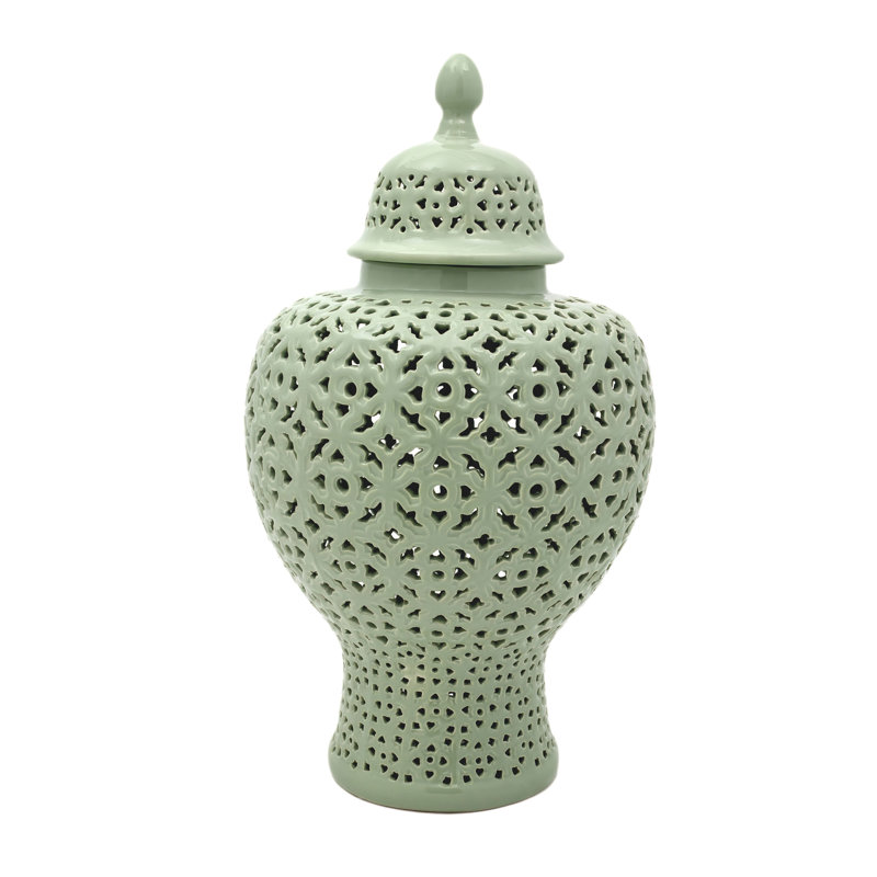 25" Carved Temple Jar - Celadon, Green