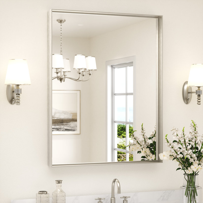 Miroir de salle de bain rectangulaire avec cadre en aluminium et verre trempé, 36 po x 28 po, Nickel