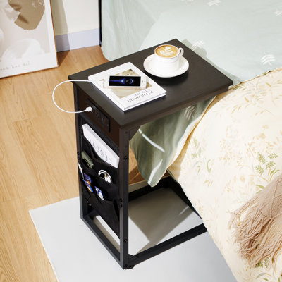 Table de bout en C avec station de charge, table de canapé avec sac de rangement