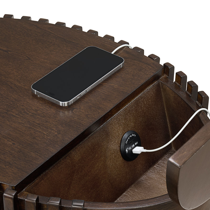Estie Wood Slatted Chairside End Table With Charging Station, Espresso