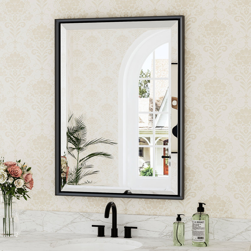 Beveled Design Rectangle Framed Bathroom Vanity Wall Mirror in Matte Black, 36" x 24"